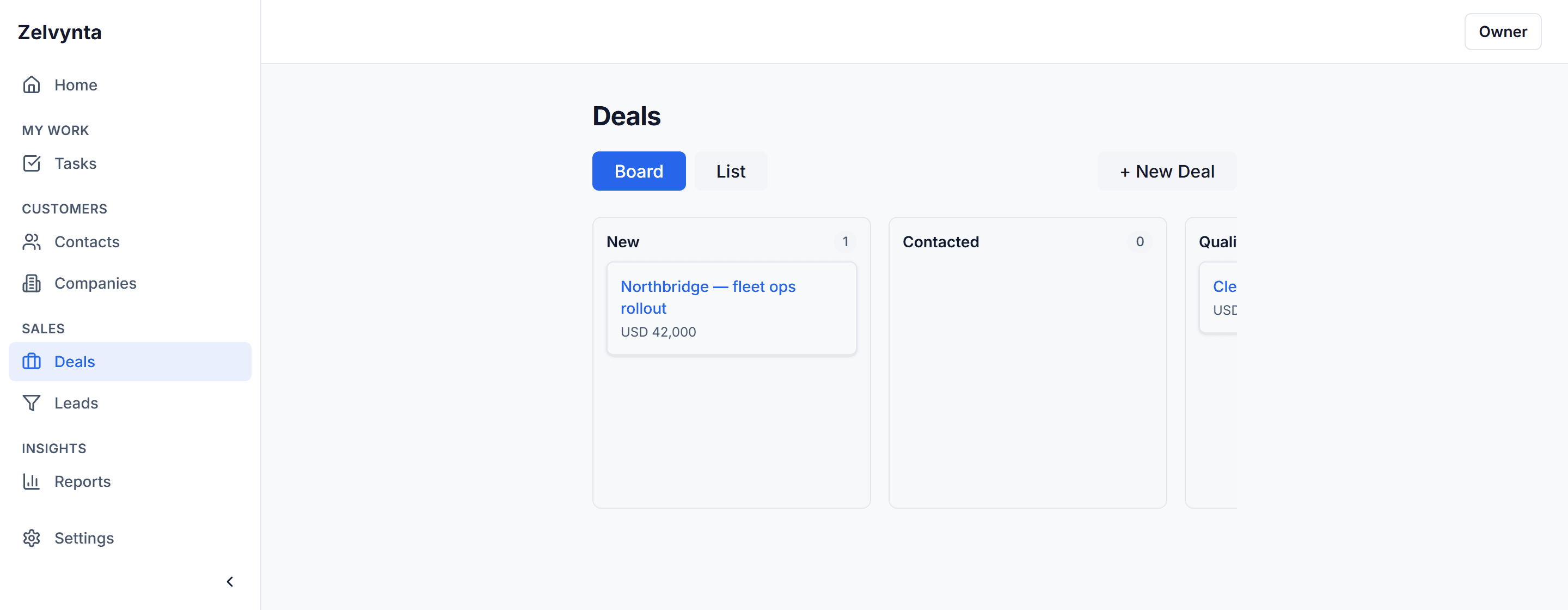 Deals board in Zelvynta CRM, showing deals moving through New, Contacted, and Qualified stages with deal values