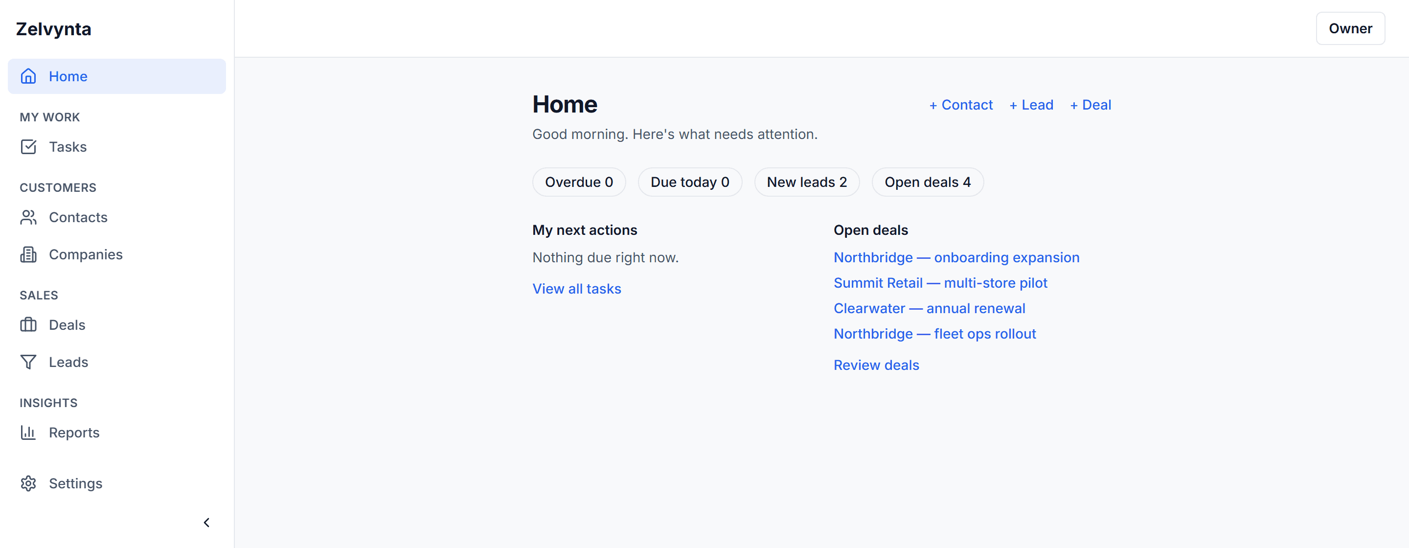 Zelvynta CRM Home dashboard, showing open deals, next actions, and quick-add links